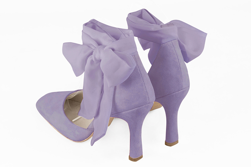 Lilac purple women's open side shoes, with a scarf around the ankle. Square toe. Very high spool heels. Rear view - Florence KOOIJMAN